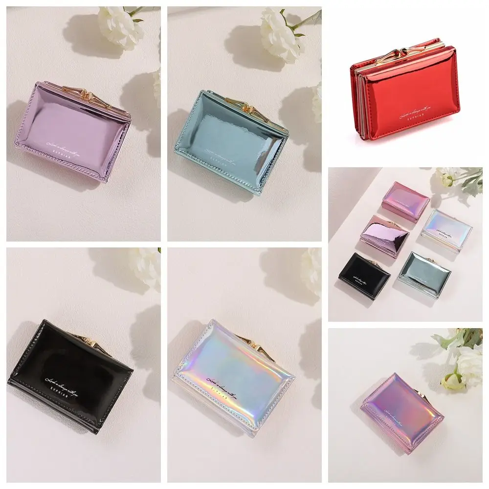 Retro Multi-card Slot Laser Short Wallet Colorful Hasp Pu Laser Coin Purse Small Money Bag Rainbow Card Holder Lady