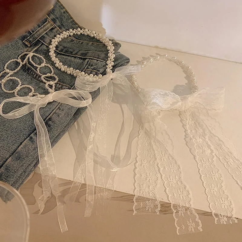 French Imitation Pearl Hair Ribbon Female Lace Headband Forest Style Fairy Beauty Hair Accessories