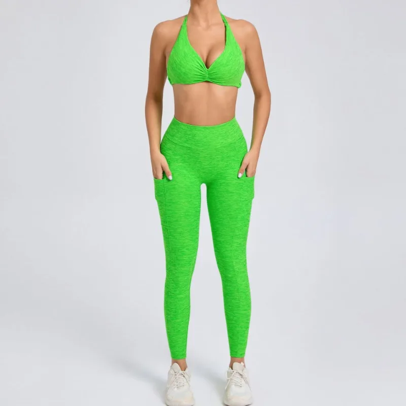 

Seamless Yoga Set - Color-Block W/ Side Pockets High Waist Slim Fit Pants Quick-Dry Bra 2-Piece Running Fitness Suits for Women