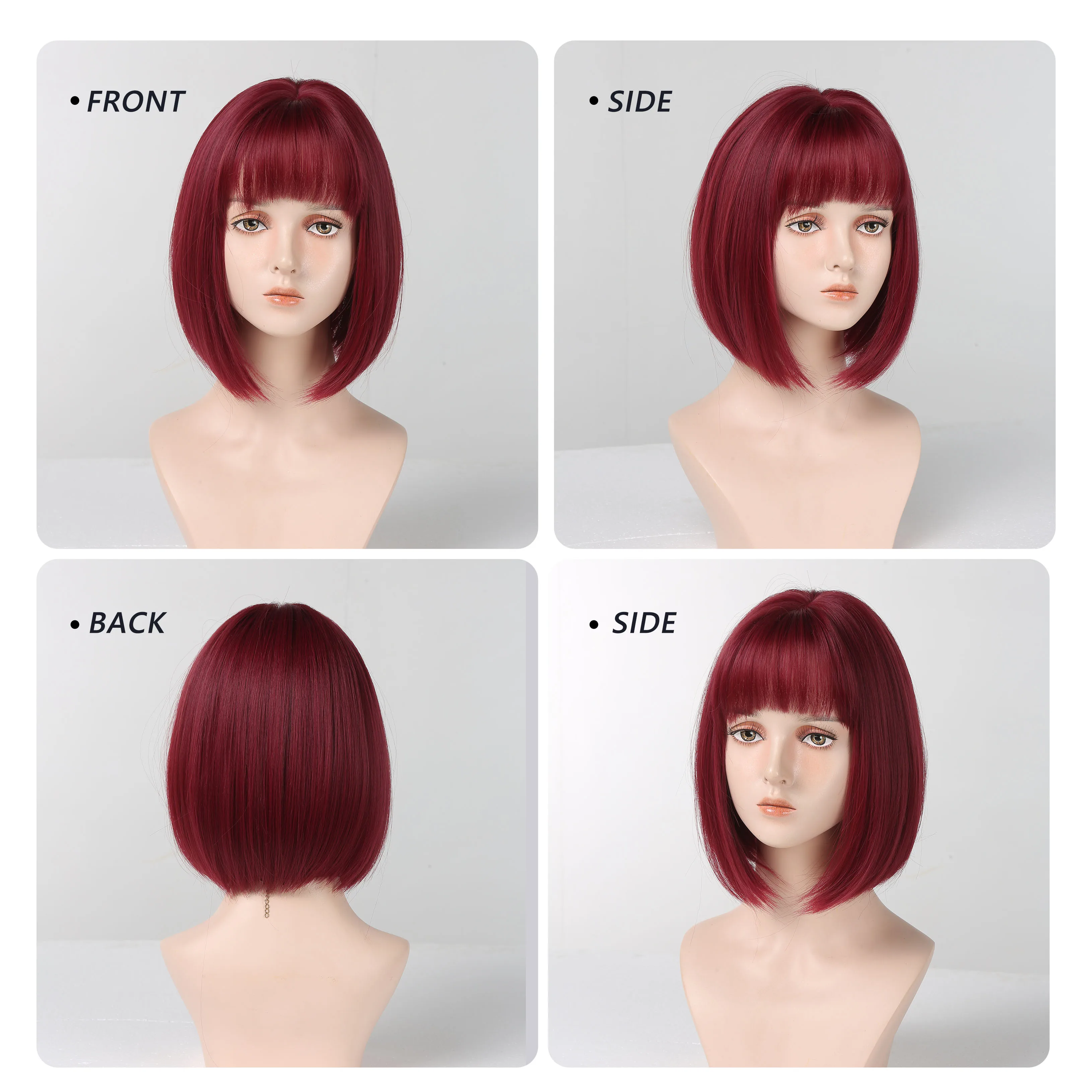 HAIRCUBE Wine Red Bob peruki z grzywką krótki Bob peruki syntetyczne dla kobiet żaroodpornych peruki syntetyczne codzienne włókna włosów Cosplay