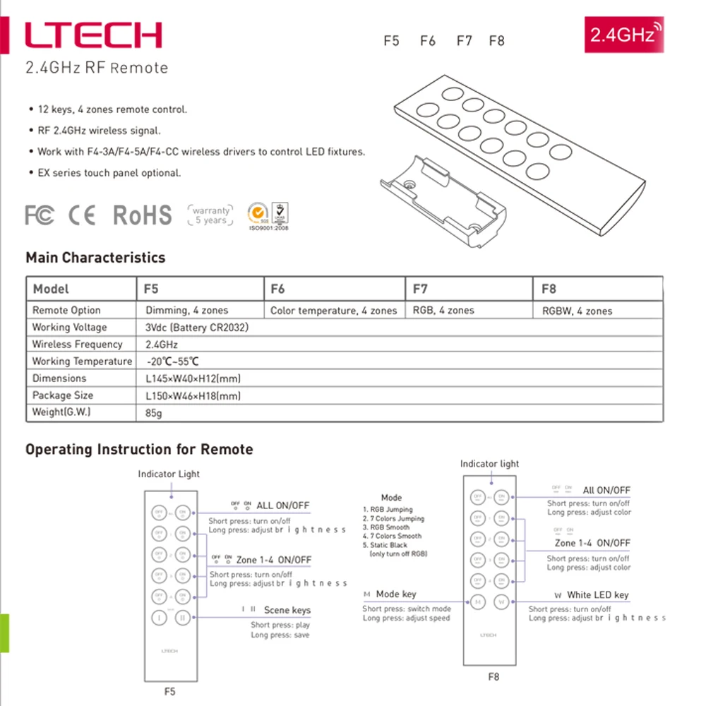 LTECH Dimming Color temperature RGB RGBW RF 2.4G Remote Control F1 F2 F3 F4 F5 F8 DC3V adjust Brightness