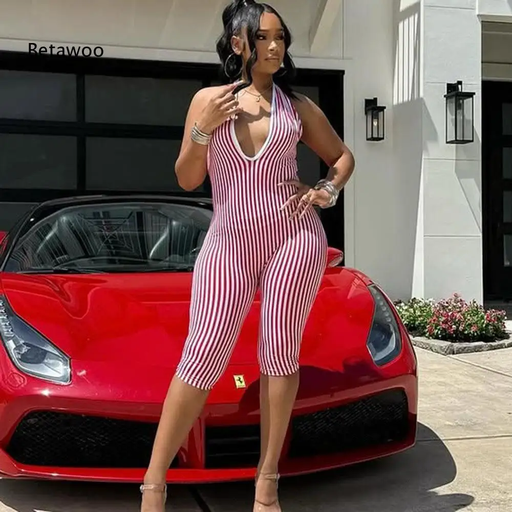 Red White Stripe Halter Tie Romper Front Keyhole Design Sleeveless Loose Leg Cropped Jumpsuit For Summer Outdoor Wear