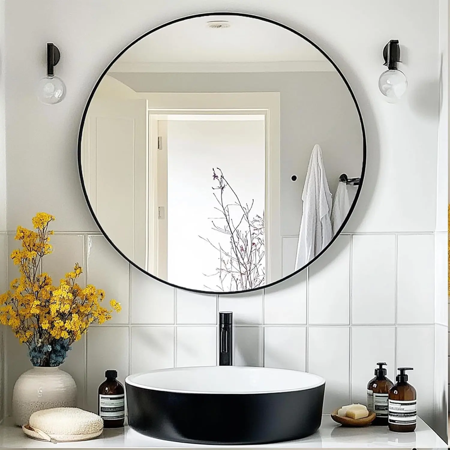 NEW Round Mirror, Black Round Mirror 24 inch, Round Wall Mirror Metal Frame, Round Bathroom Mirror, Circle Mirrors