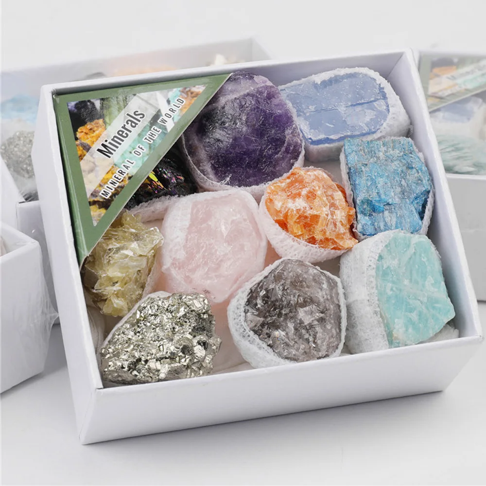 Natural Raw Stone Healing Crystal Minerals Box Kit Amethyst Pyrite Celestine Specimen Collection Geological Teaching Home Decor