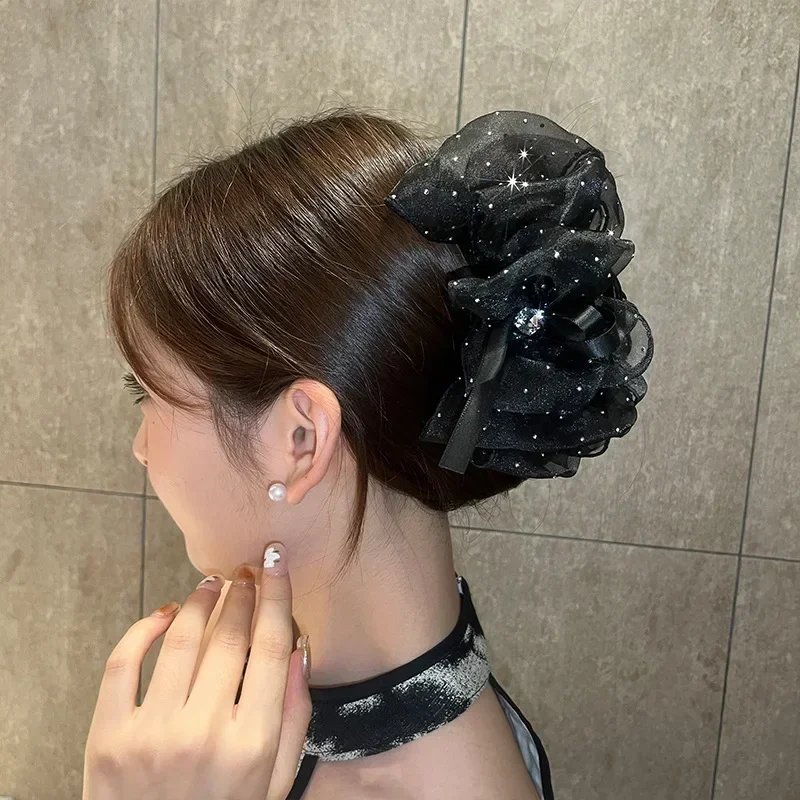 Elegant Black Starry Cloud Bubble Rhinestone Hair Clip With Double-Sided Bow Tie Ponytail Hair Claw Women Hair Accessories Gift