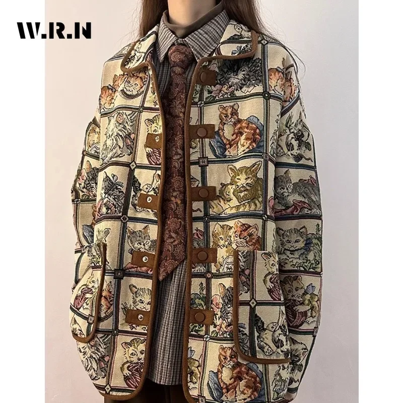 2023 Winter Female Vintage Style Single Breasted Loose Jacket Women Turn Down Collar Animals Print Fashion Retro Baggy Coat