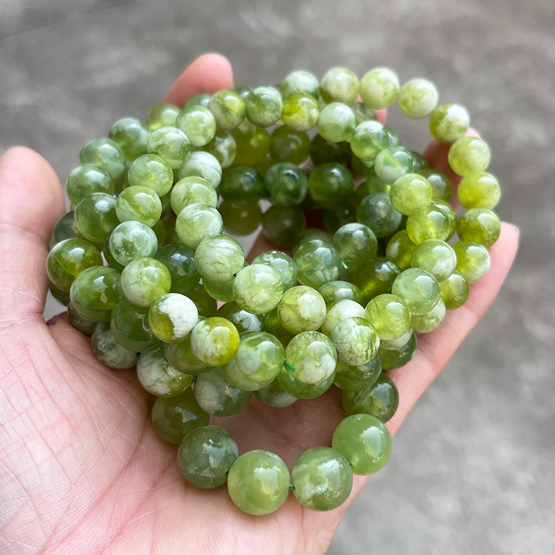 JD 7A Quality Natural Stone Green and White Serpentine Jade‌ Charm Bracelets Women Fashion Chic Round Bead Elastic Bracelets