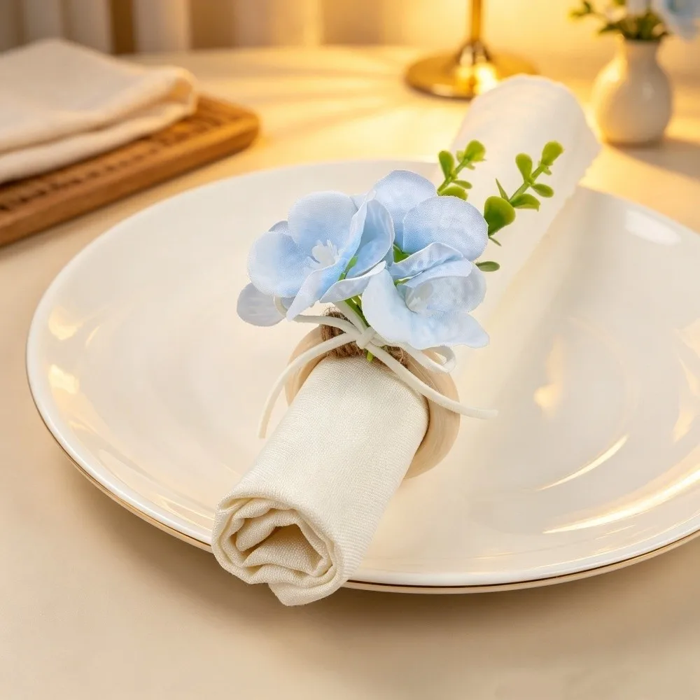 New Wooden Base Fabric Flowers Napkin Rings Rustic Style Handmade Napkin Holders Ball Flower Napkin Fastener Everyday Dining