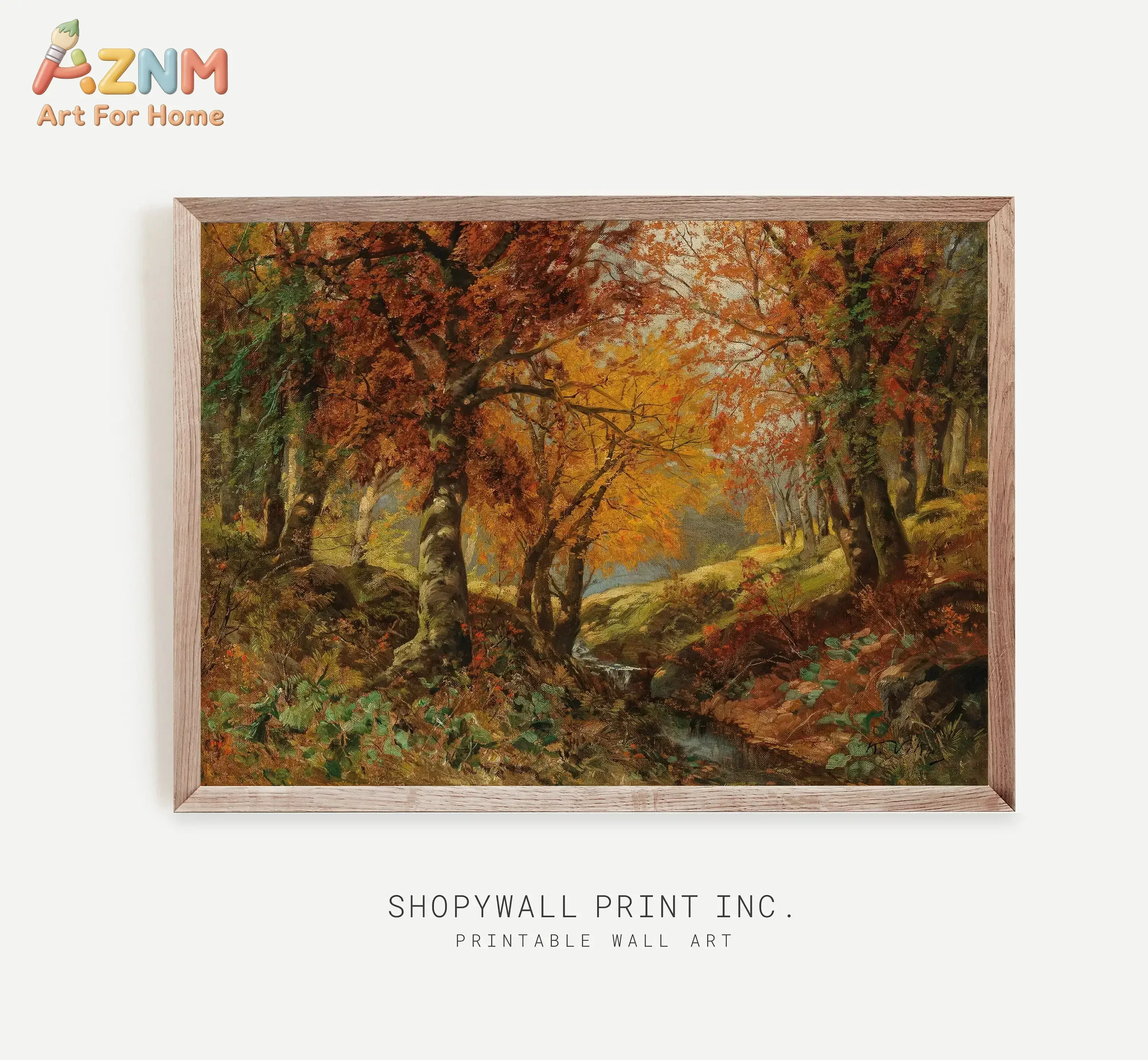 AZNM Vintage Autumn Forest Oil Painting Canvas Wall Art Fall Maple Tree Lake Countryside Landscape Farmhouse Unframed Canvas Pos