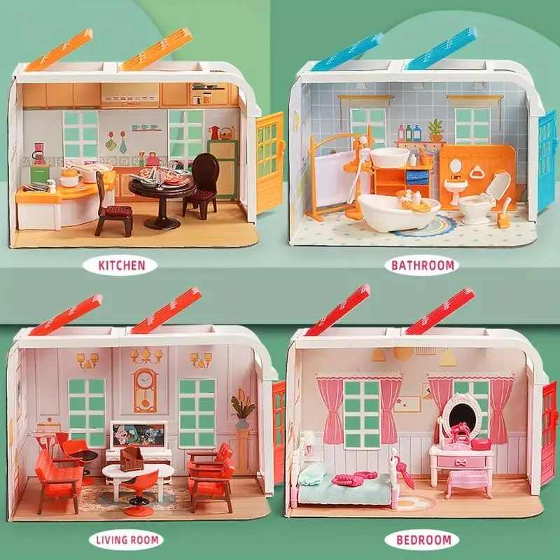 1 Set Miniature Dollhouse Complete with Kitchen, Bedroom Bathroom DIY Housewarming Scene Creator Baby Birthdays Gifts