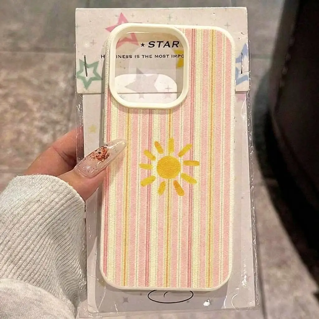 Cute Striped Sun Pattern Phone Case For iPhone 17 16 15 14 13 12 11 Pro Max Plus 17Air 16/17E Lychee Texture Silicone Soft Cover