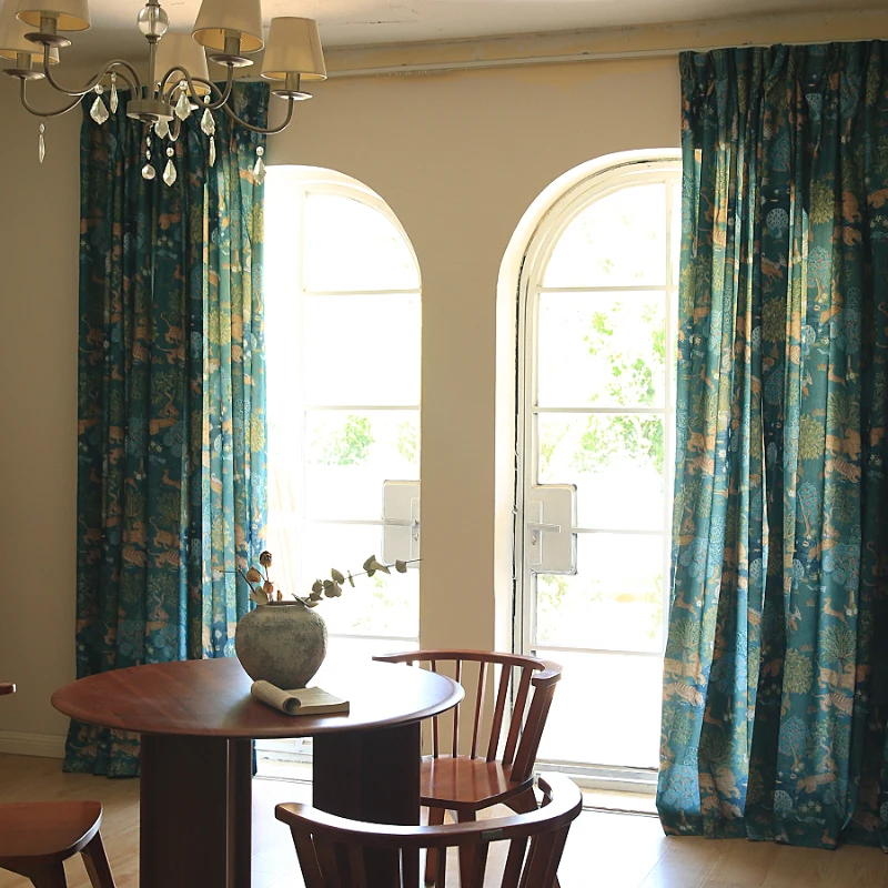 New Retro Green Printing Curtains for Living Room Bedroom Bay Window French Window Balcony Customized Products