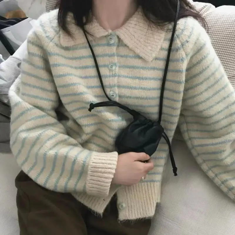 

Korean Style Thicken Women's Cardigan Sweater Pullover Autumn Winter Knitted Girl's Stripe Lapel Cute Zipper Knitwear Outerwear