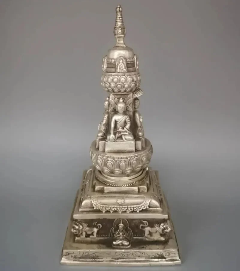 

China White copper four surface Buddha tower Incense burner crafts statue