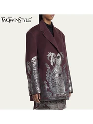 TWOTWINSTYLE Burgundy Printing Blazers For Women Notched Collar Long Sleeve Patchwork Single Breasted Designer Coats Female New