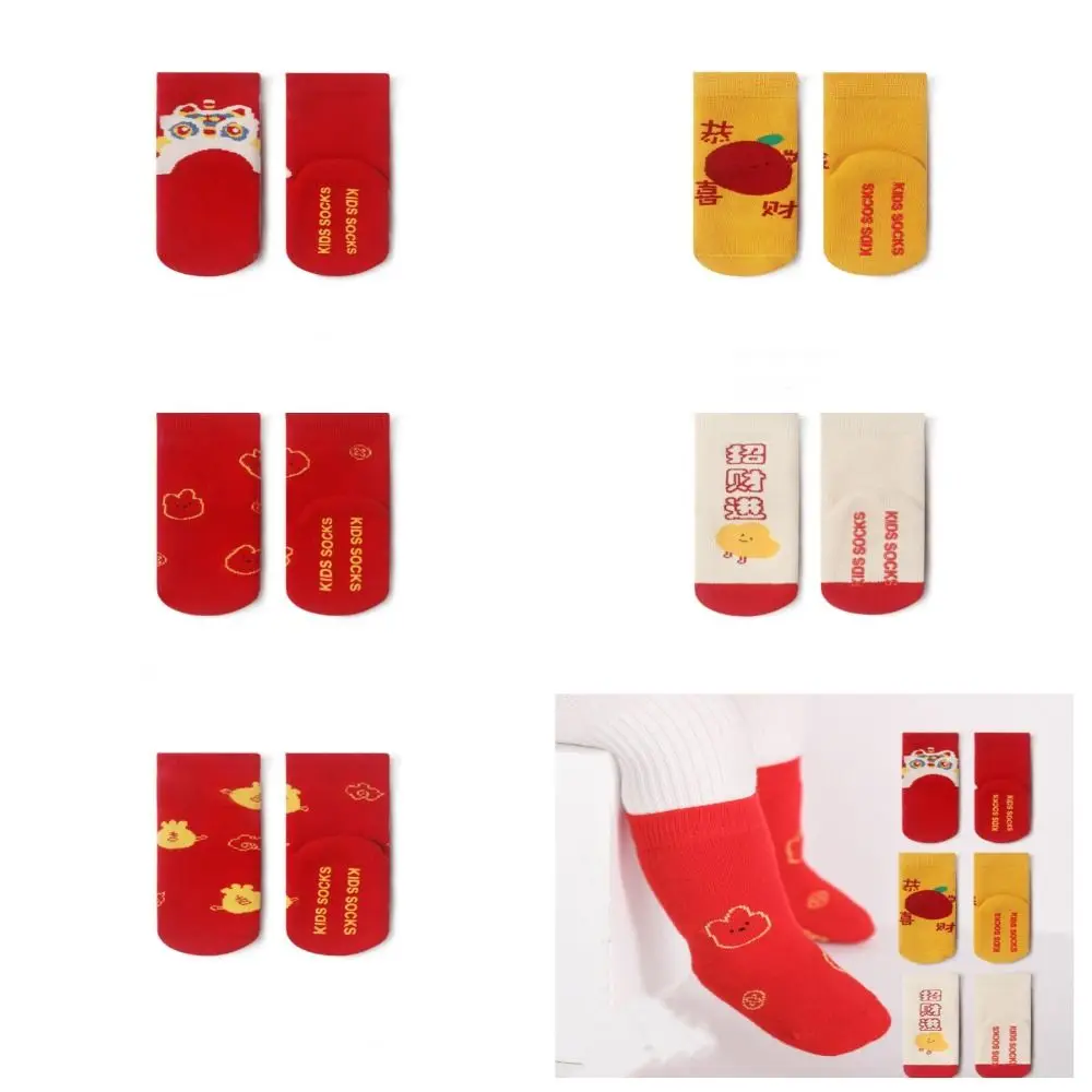 

Cotton Chinese Style Baby Socks Cute Baby Hosiery Good Luck New Year Baby Socks Autumn Thicken Red Infant Socks Non-slip