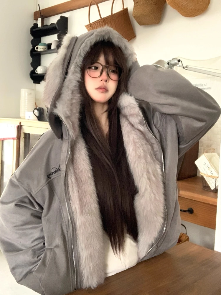 

Зимние американские ретро вышитые толстовки с кроличьими ушками, куртка, женская милая дизайнерская хлопковая куртка Y2k, элегантное пальто, японские теплые шикарные наряды