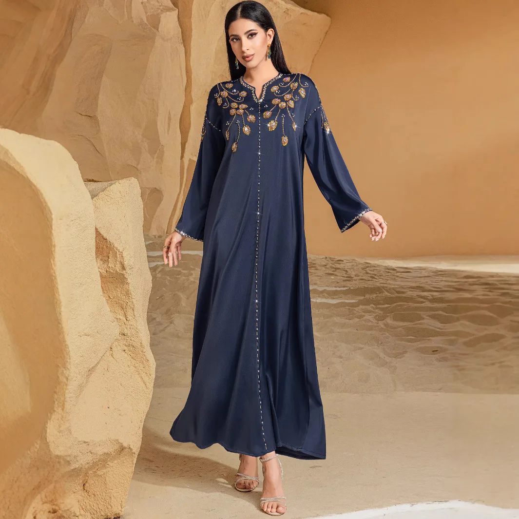 

Women's Navy Elegant Luxury Diamond V-neck Long Sleeve Dresses Female Arab Middle East Muslim New Fashion Clothes for Festival