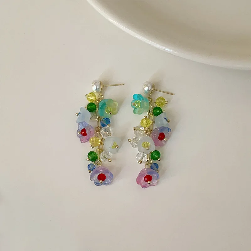 

Multicolor Crystal Earrings For Women Exquisite Flower Long Tassel Earrings Heart Drop Earrings Girls Temperament Jewelry