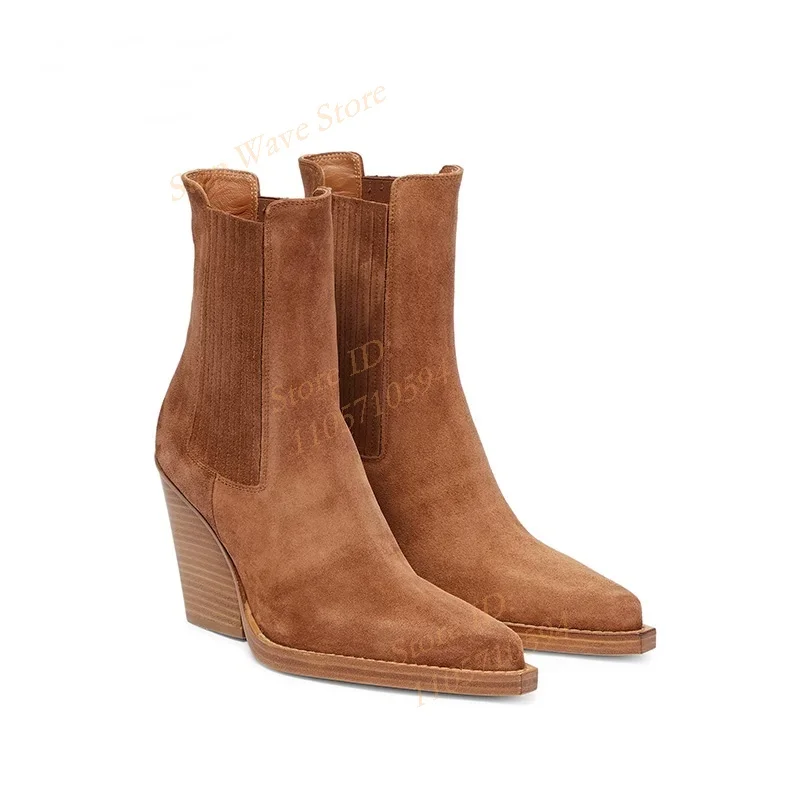 Pointy Toe Chunky Heel Suede Ankle Booties Slip On Excellent Quality 2026 New Arrivals Retro Casual Block Heel Chelsea Boots