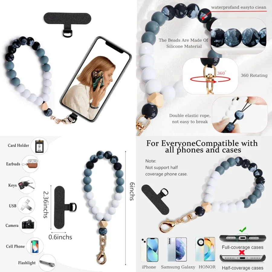 

Silicone Beaded Phone Wrist Strap, phone bracelet strap with Tether Tab, Elastic Hands-Free wristlet strap
