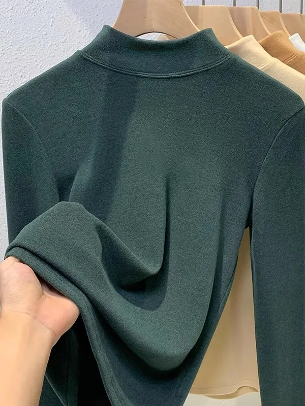 

Double-Sided German Velvet Long Sleeve Base Shirt Half-High Collar Unisex Winter Warm T-Shirt Inner Wear Casual Youth Style