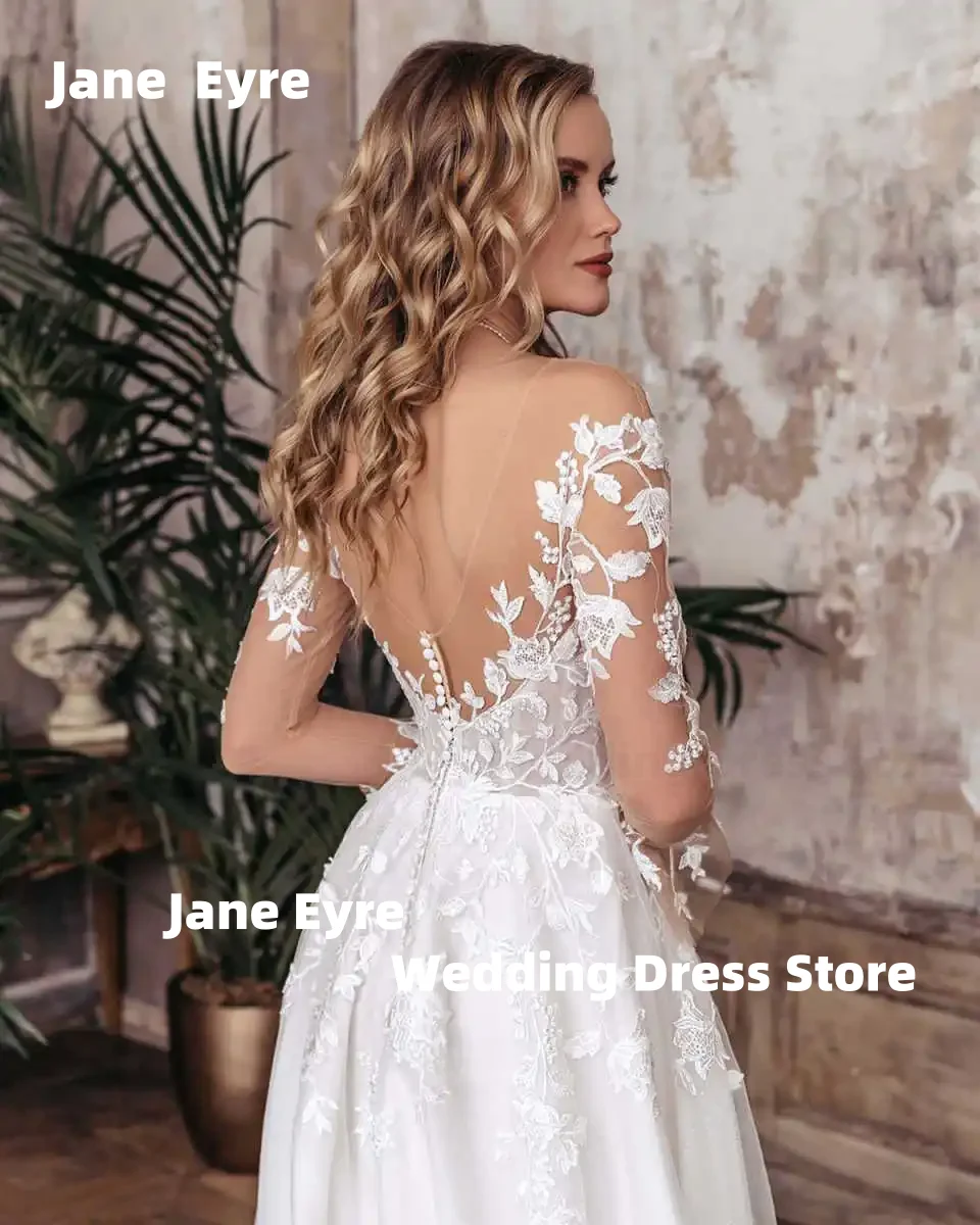 Janeey elegante a linha vestido de casamento feminino aberto volta com decote em v renda manga longa lado split vestido de noiva personalizado