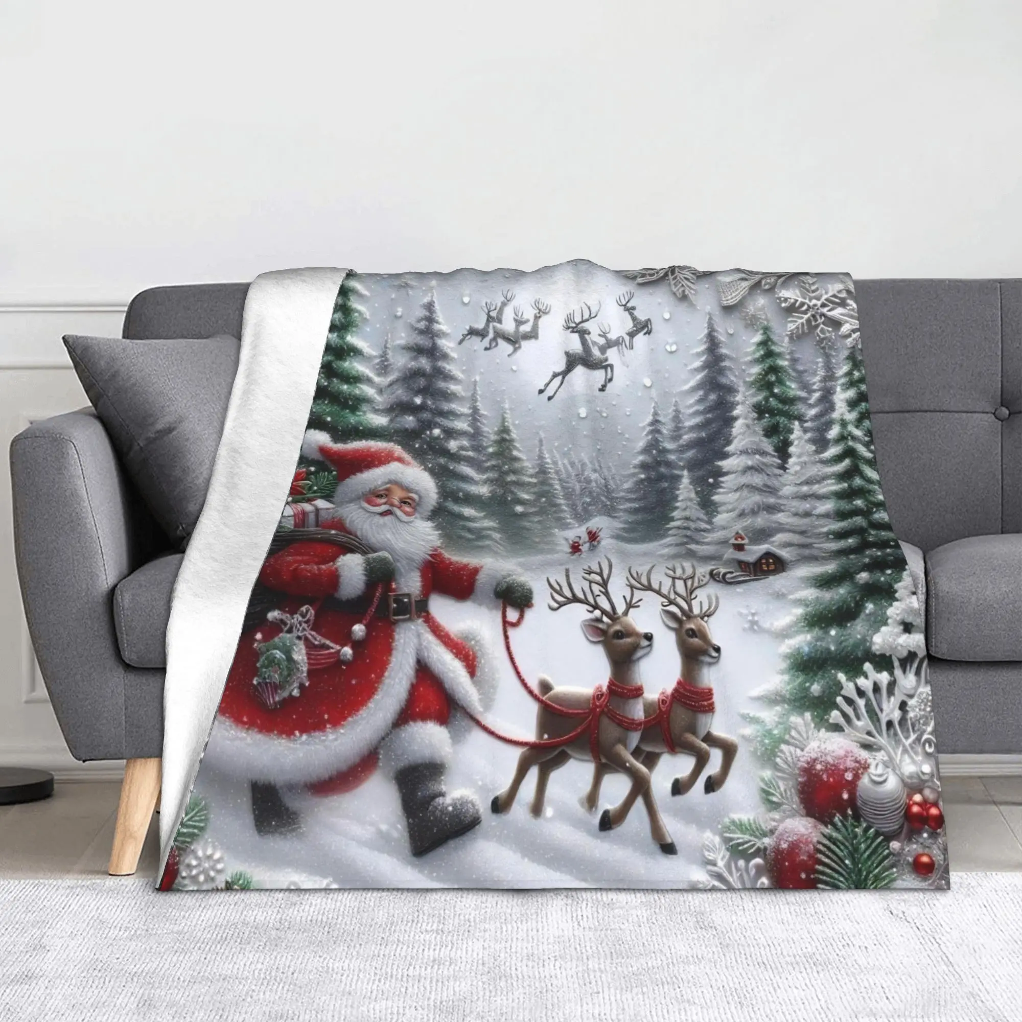 Christmas Santa Claus Blanket Reindeer New Year Flannel Throw Blankets Airplane Travel Decoration Soft Warm Bedspread
