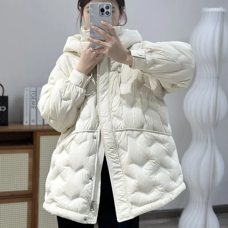 

2025 Winter Fashion 90 White Duck Down Women's Down Jacket Hooded Oversized Windproof Jacket