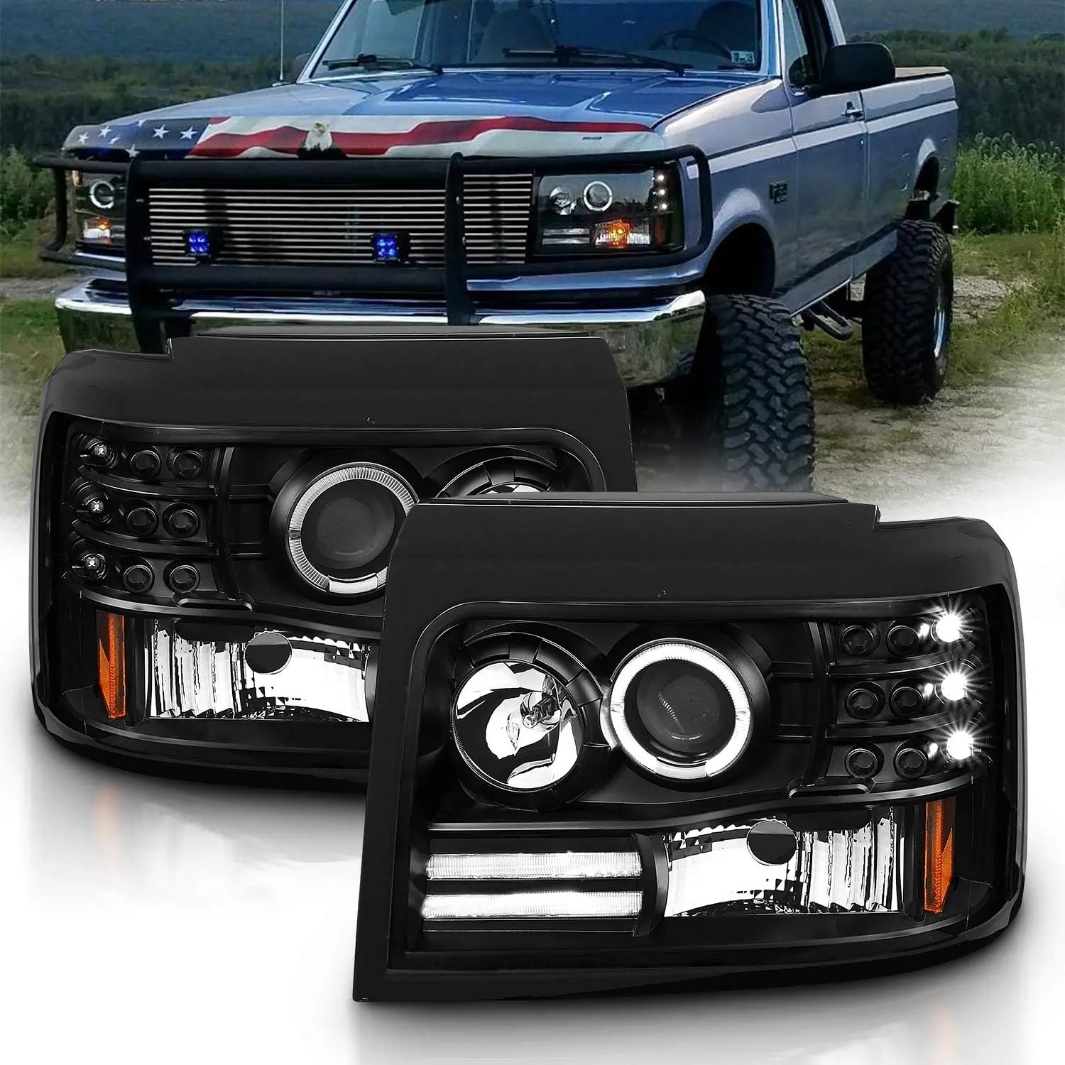 

LED Halo Bar Projector Replacement Halogen Car Headlights Set For Ford F-150/F250/F350/Bronco - Passenger Right and Driver Left