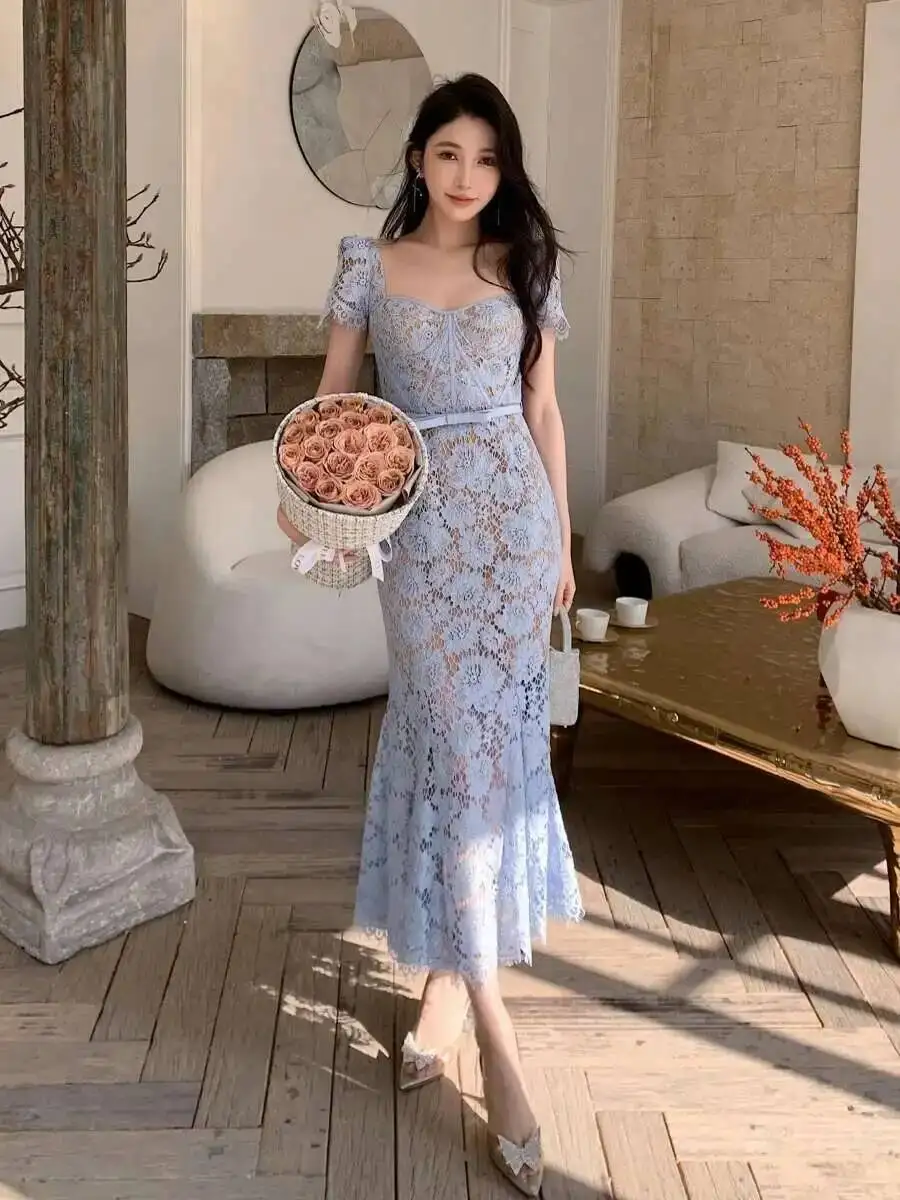 Elegant Blue Lace Evening Dresses Women Summer Holiday Embroidery Hollow Out Belt Short Sleeve Prom Party Fishtail Long Dress
