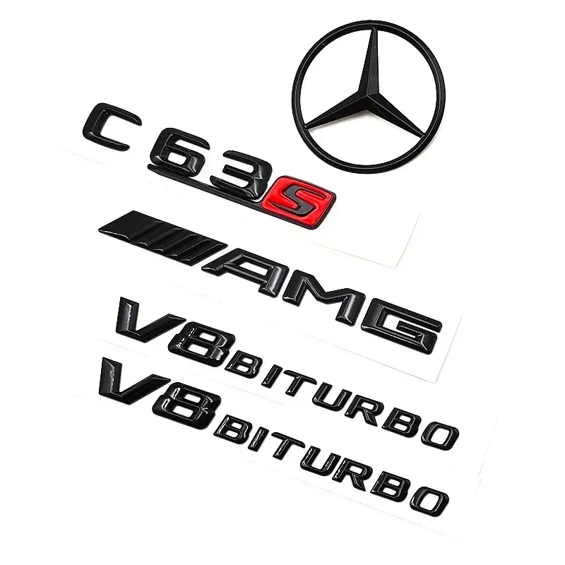 3D Czarne Litery Logo C63S V8 BITURBO Znaczek Samochodowy Tylna Naklejka Gwiazda na Bagażnik Emblemat AMG Do Mercedes Benz AMG W205 C205 Akcesoria