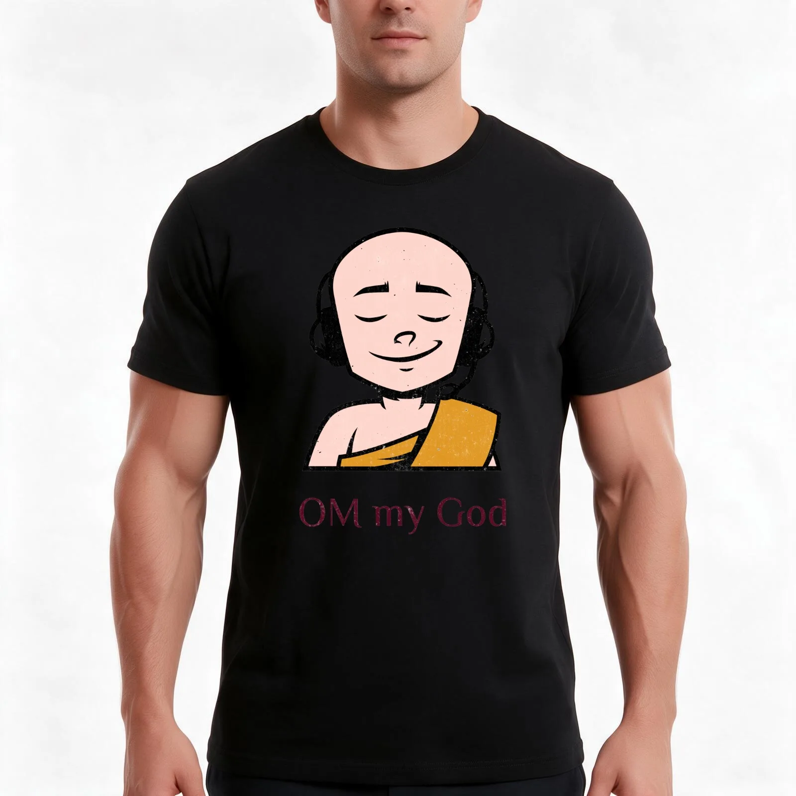 Om My God! Cute Modern Buddhist Monk With Headset T-Shirt, Summer Casual Cotton Tee, Oversized Streetwear Tops, Unisex Men Women
