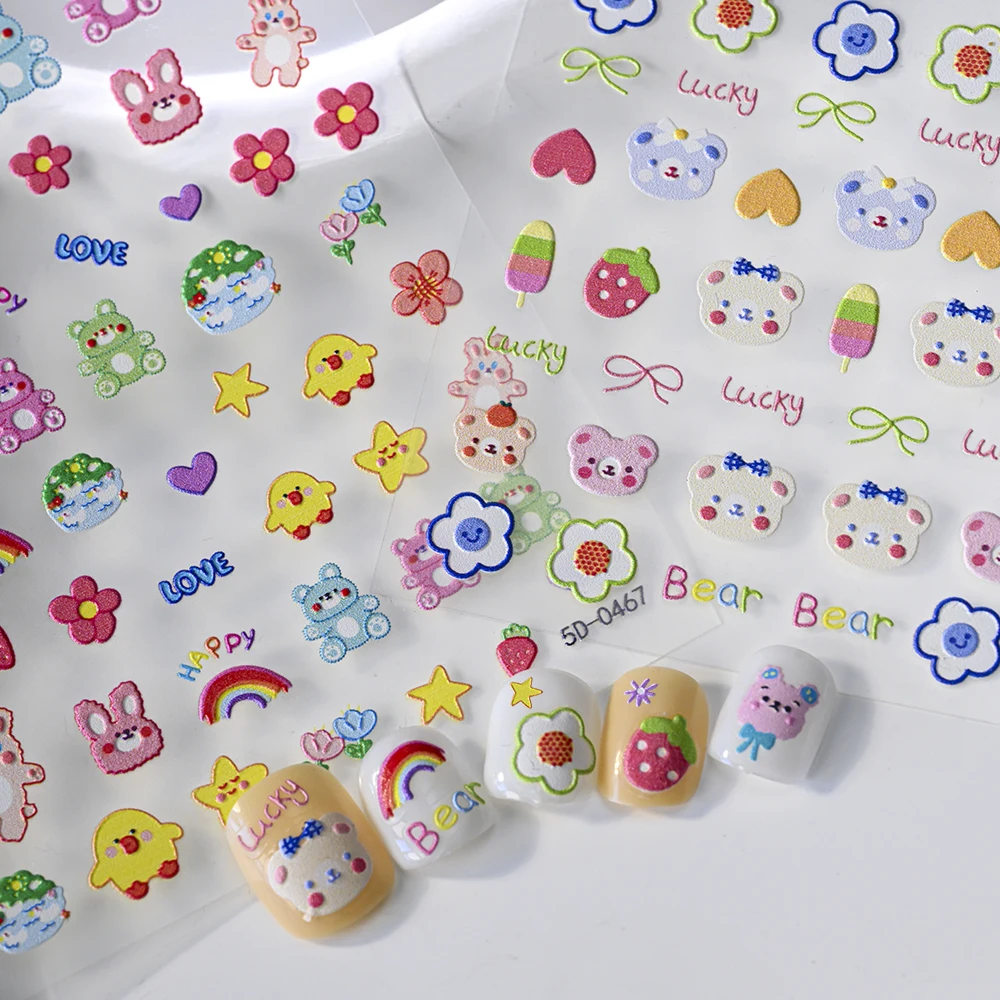 1 pçs dos desenhos animados urso flor arte do prego adesivos colorido morango cereja doce decalques de unhas para crianças auto adesivo decoração do prego slider
