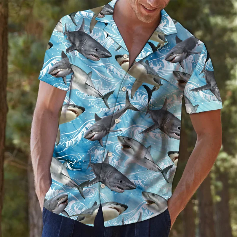 

Trendy Shark Pattern Hawaiian Shirts Summer Fashion Beach Vacation 3D Printed Short Sleeve Shirt Casual Oversized Mens Blouses