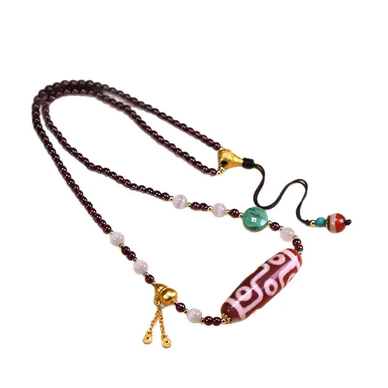 Tibetan natural authentic old mine raw agate red nine-eye dzi bead clavicle necklace, approximately 13x39mm