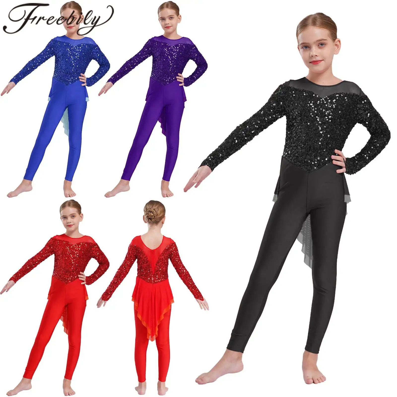 Kids Girls Rhythmic Gymnastics Leotard Shiny Sequins Long Sleeve Ballet Dance Skirted Bodysuit Costume Figure Skating Jumpsuit