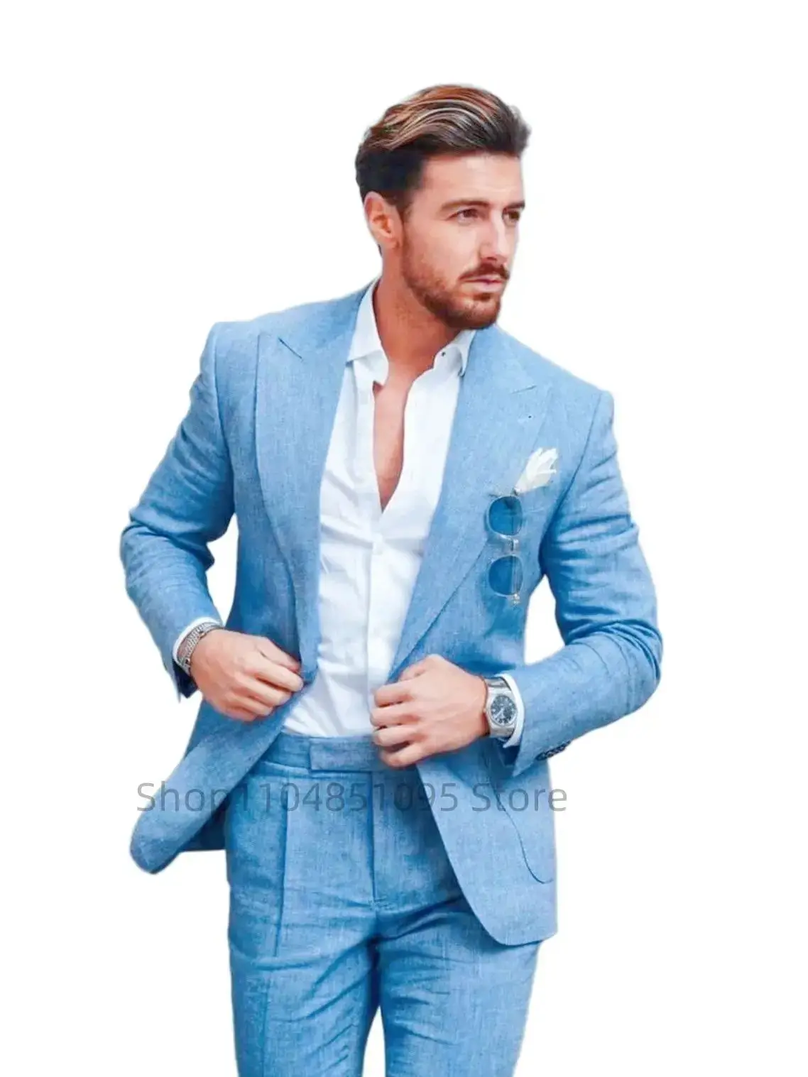 

Летний синий/бежевый льняной 2-х предметный мужской костюм жениха, пляжный свадебный костюм, приталенный пиджак с лацканами, брюки, смокинг, комплект для вечеринки, выпускного вечера