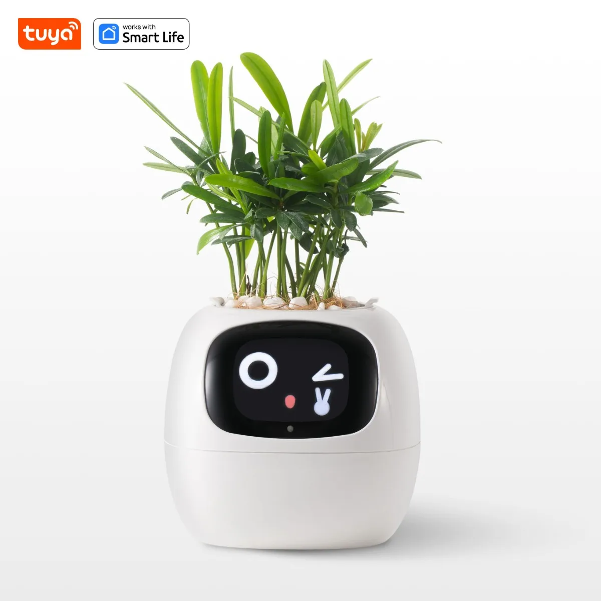 White Tuya Ivy Smart Planter,Endless Fun Over 49 Rich Expressions,7 smart sensors and AI Chips Make Raising Plants Easy and Fun