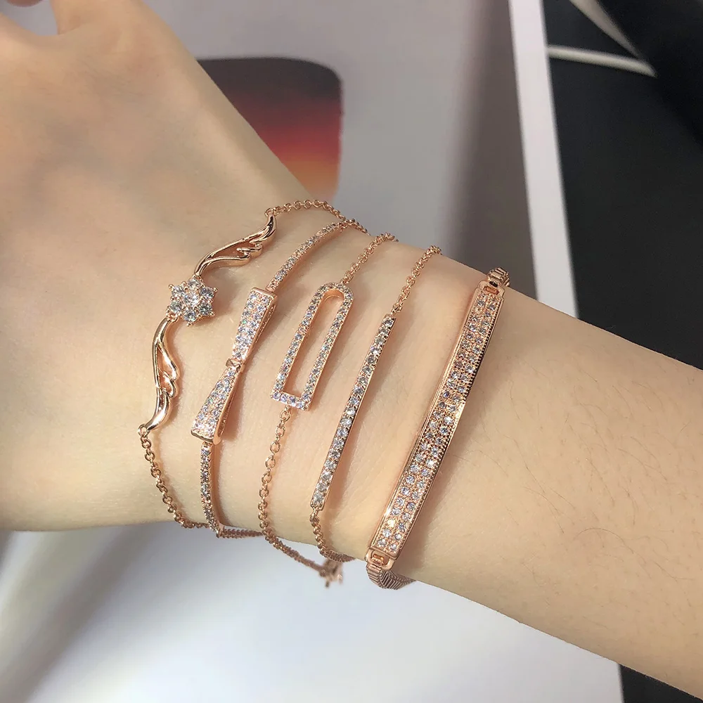 Korean Fashion Bracelets For Women Minimalist Bling Micro-set CZ Wings Bow Rose Gold Color Chain On The Hand Jewelry