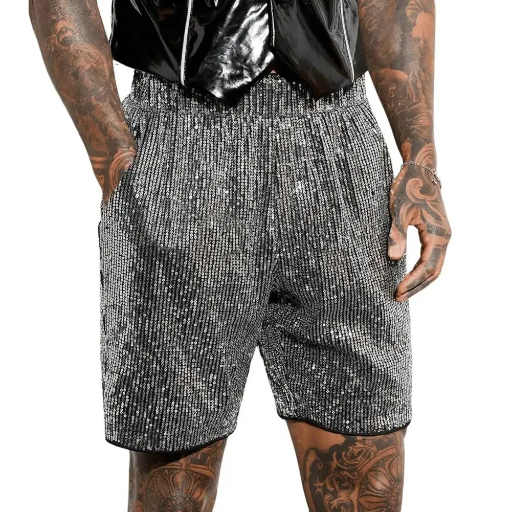 Men Casual Shorts Mid-rise Elastic Waist Knee Length Shorts with Pockets Shiny Sequins Loose Fit Shorts