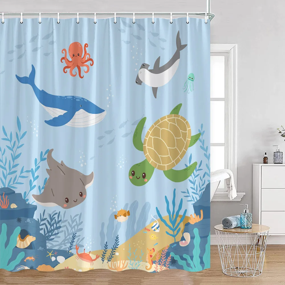 Cartoon Shower Curtains Ocean Animals Cute Whales Sharks Bathroom Curtai Kid Bath Decor Polyester Bathtub Decoration with Hooks