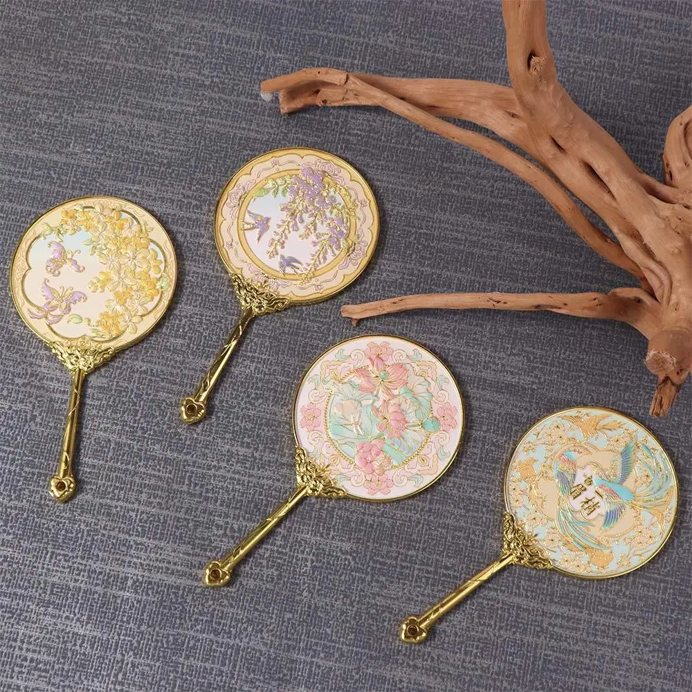 Requintado portátil estilo chinês espelho de mão borboleta flor padrão espelho cosmético redondo metal maquiagem espelho