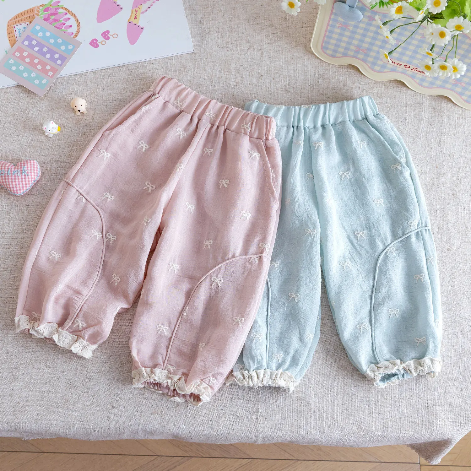 Girls' summer bow embroidered lace lantern pants are comfortable, breathable, and stylish pants
