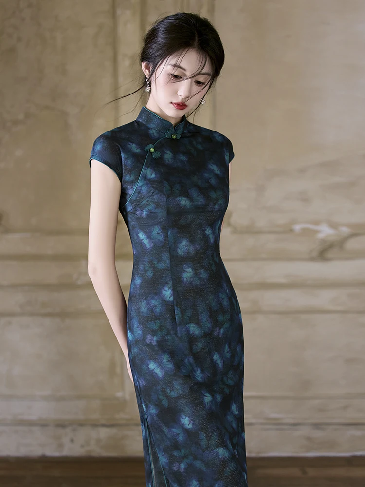 

Новое китайское платье-ципао миди для молодых женщин, синее, дышащее, из полиэстера и спандекса, с низким разрезом, для повседневной носки, большие размеры