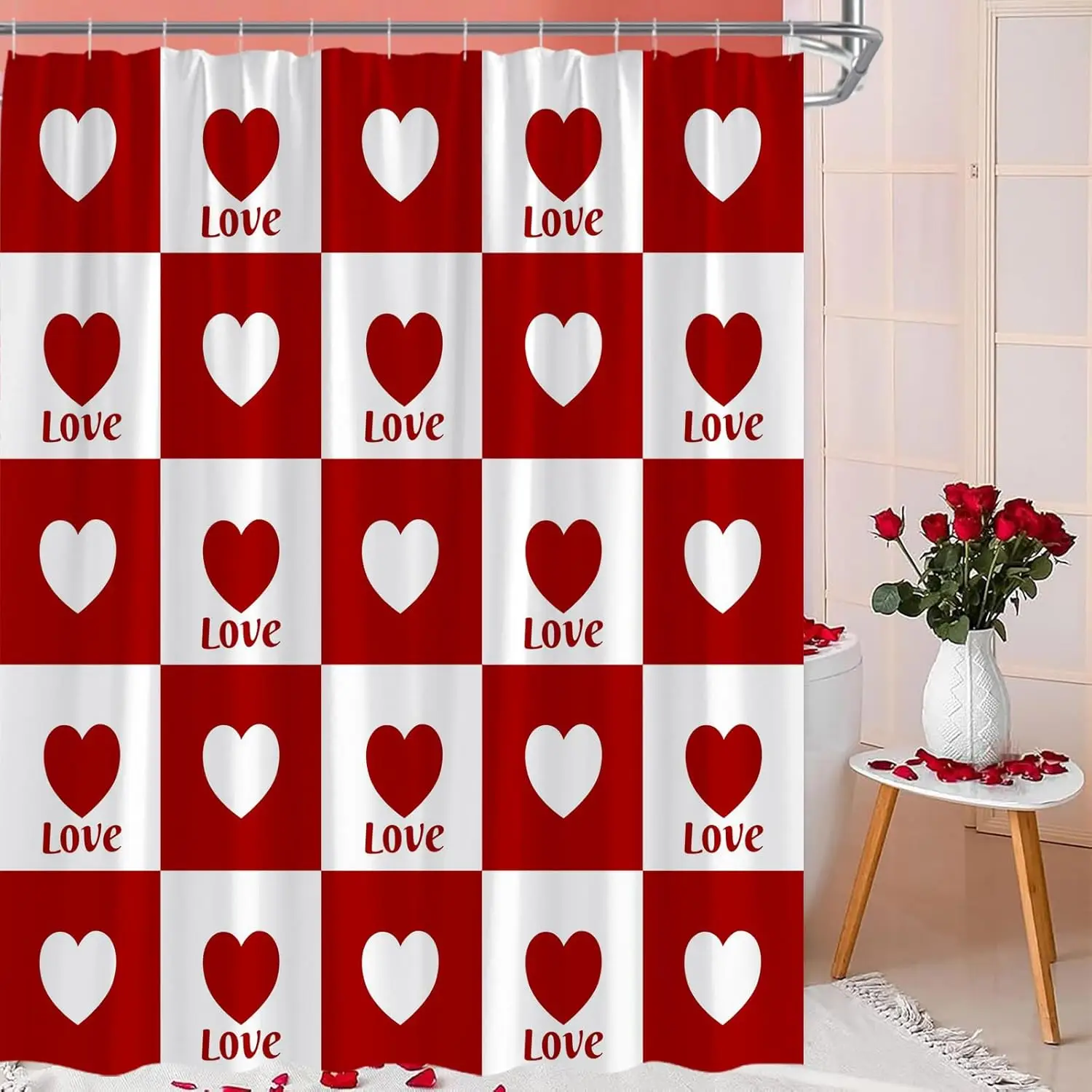 

Valentine Shower Curtain Love Heart Red White Checkered Romantic Cute Lover Modern Aesthetic Bath Curtain with Hooks, 70x70 Inch