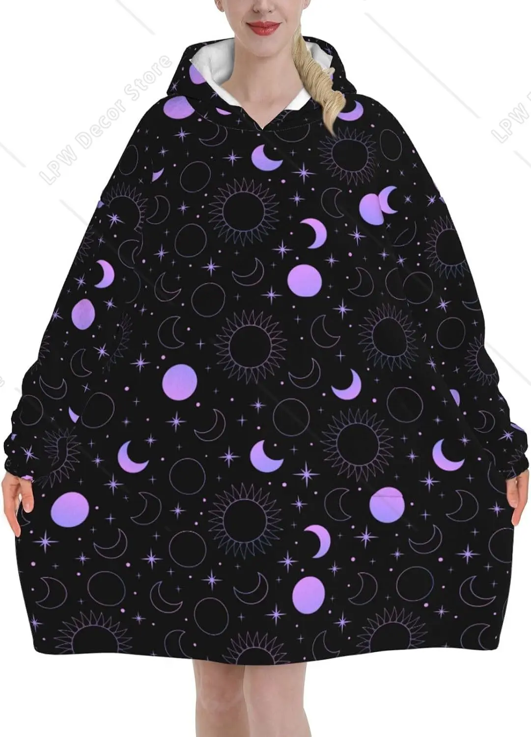 Sun Moon and Stars Blanket Hoodie Oversized Wearable Blankets Softest Warmth for Adults