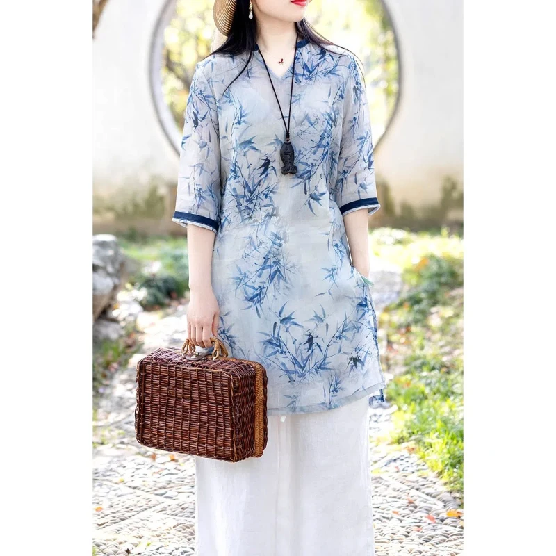 Chinese Style Fashion Autumn New Cotton Hemp Women V-Neck Printing Contrast Color Half Sleeve Loose Midi Tea Costume Shirts Tops