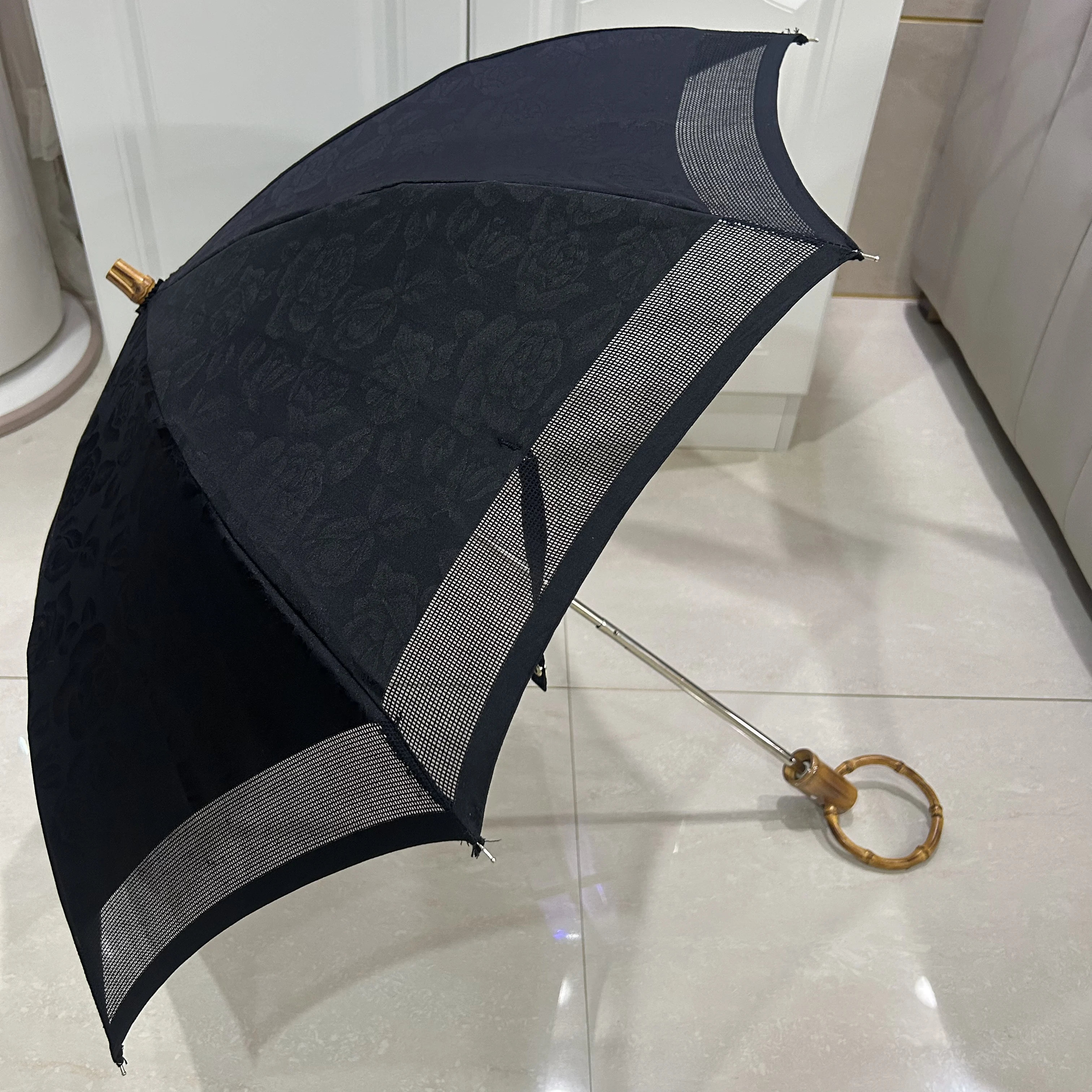 Guarda-chuva com punho de bambu vintage, guarda-sol, dobramento duplo, mulheres viajam, ao ar livre, protetor solar dobrável, proteção solar