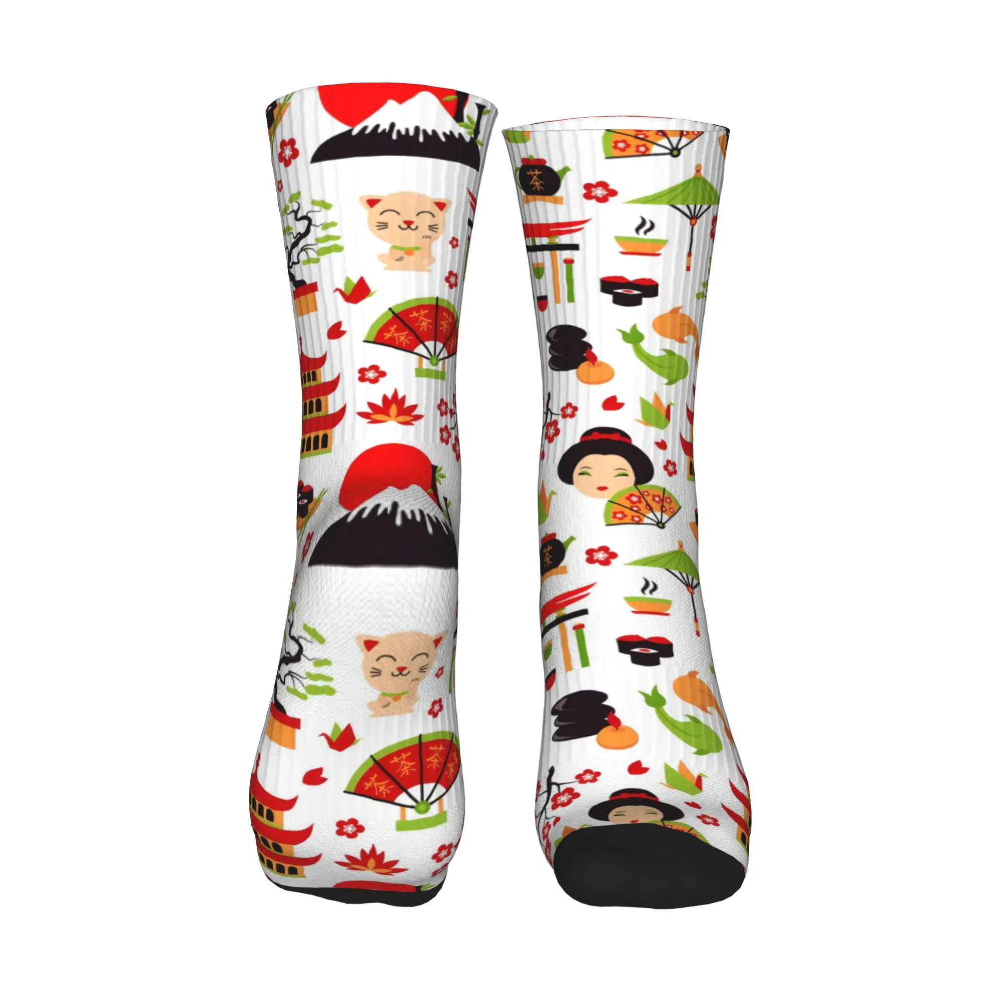 Cool Men's White Japanese Geisha Lucky Cat Dress Socks Unisex Warm Comfortable 3D Print  Crew Socks view 2